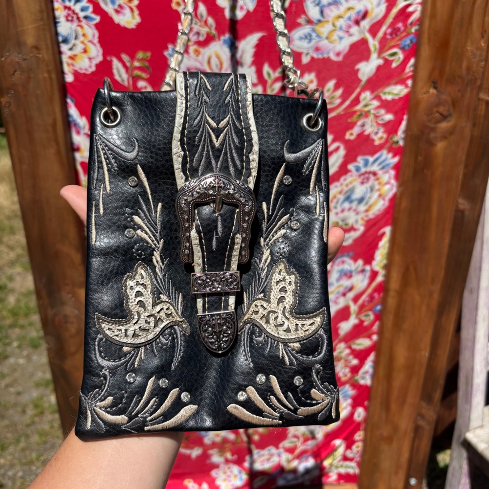 Black Western Glam Faux Leather Studded Mini‎ Crossbody Buckle Bag Chain Strap